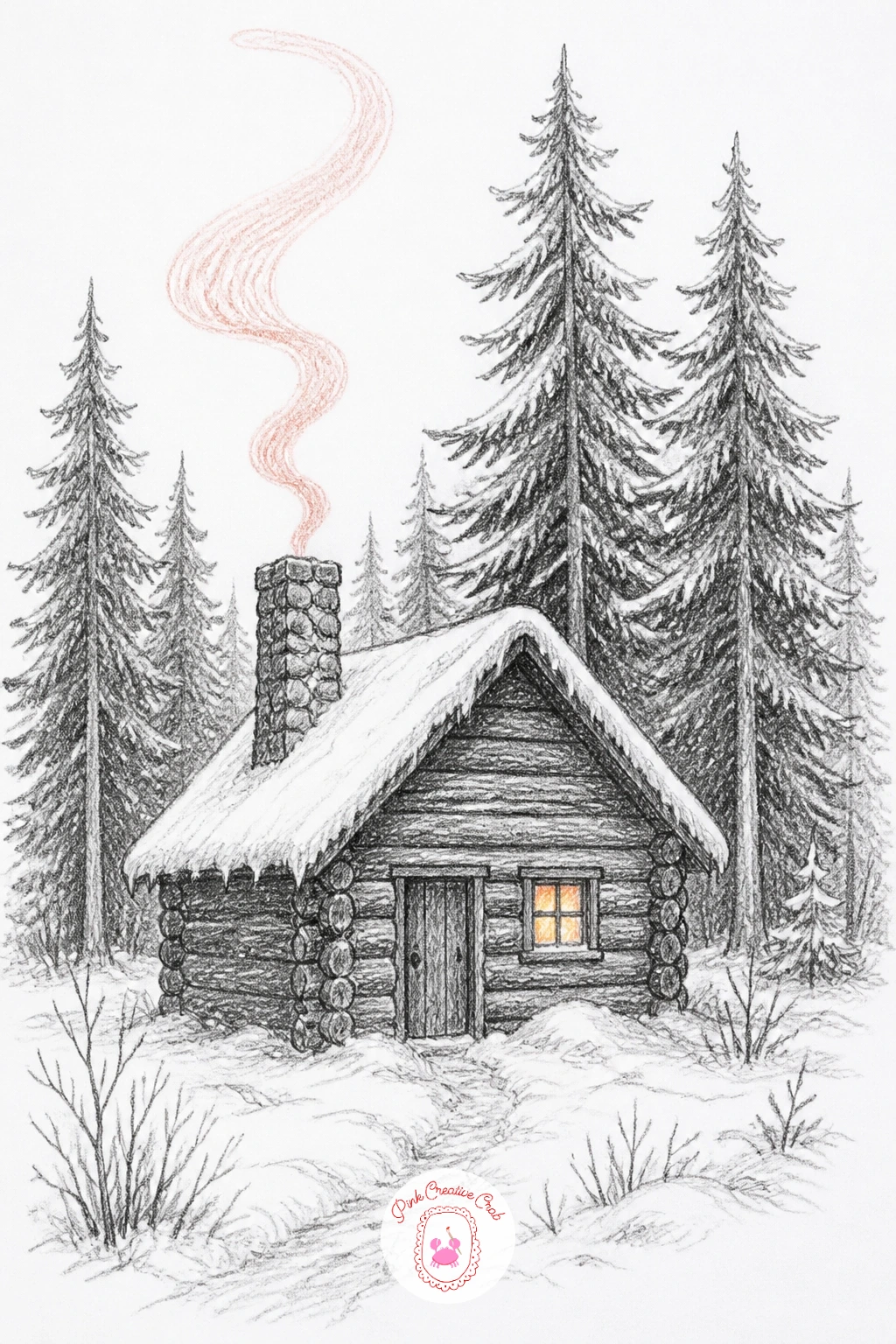 Forest Cabin With Rising Smoke — A forest cabin drawing needs its roofline settled before the trees go in around it, so sketch the cabin as a simple box with a