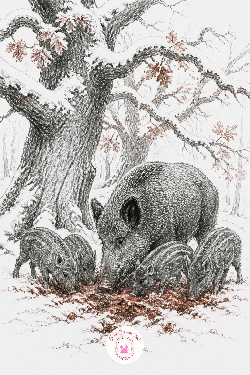 Wild Boar Family Under Snowy Oaks — A family of wild boar gives you a chance to draw one confident adult shape and repeat a smaller version of it for the
