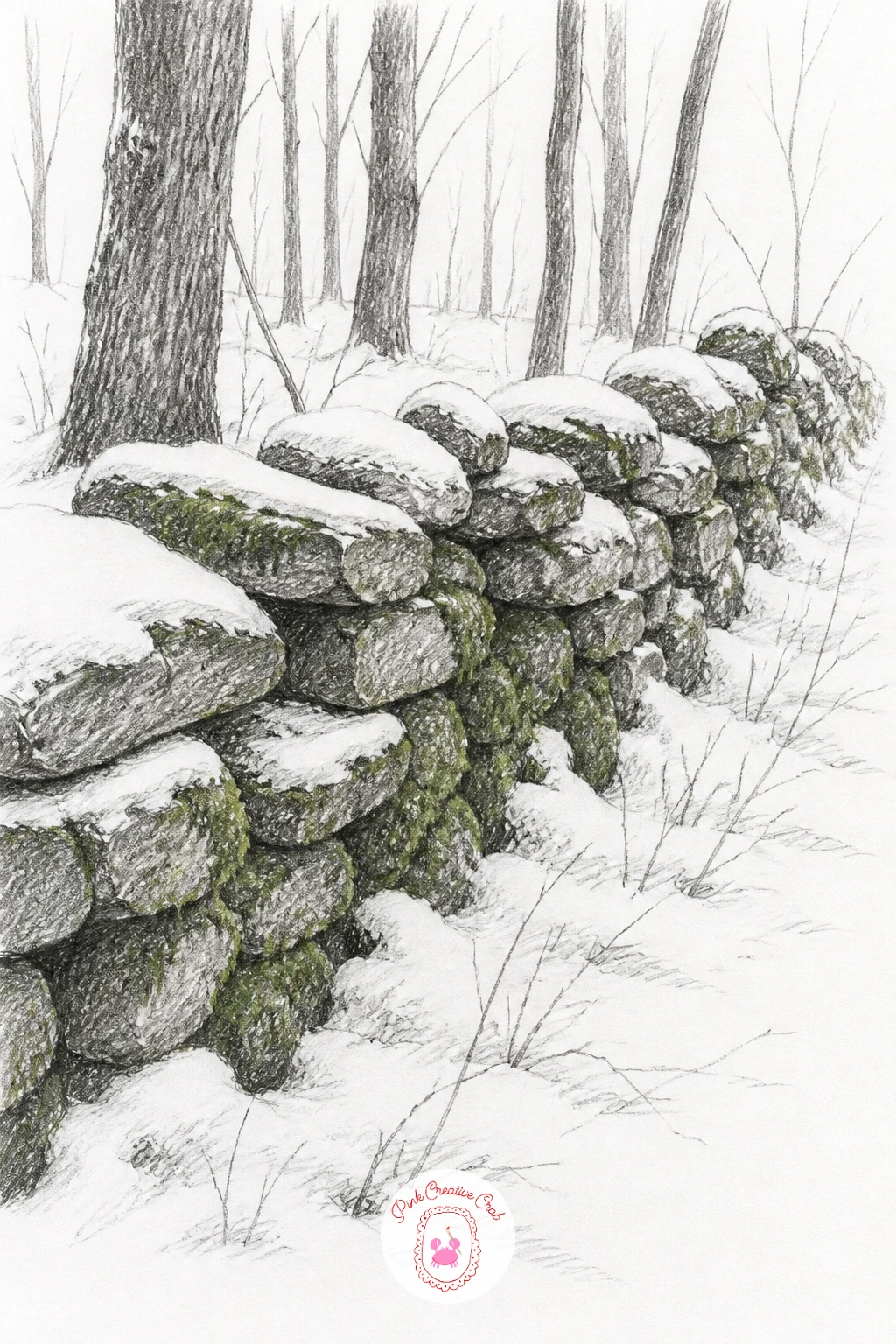 Mossy Stone Wall Through The Wood — A stone wall running through a wood is really a lesson in drawing a repeated shape that still looks random, so sketch a