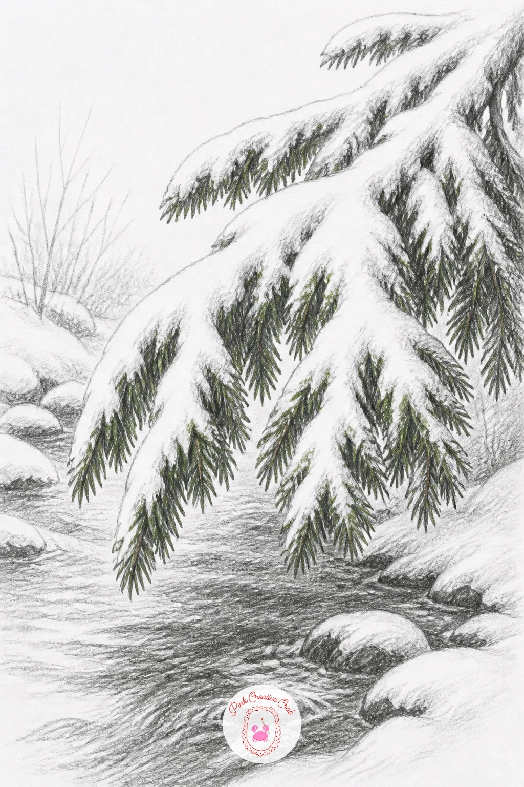 Snow-Heavy Fir Branch Over A Stream — A single fir branch bending low under snow makes a strong close-up study, so draw the branch first as a gentle downward