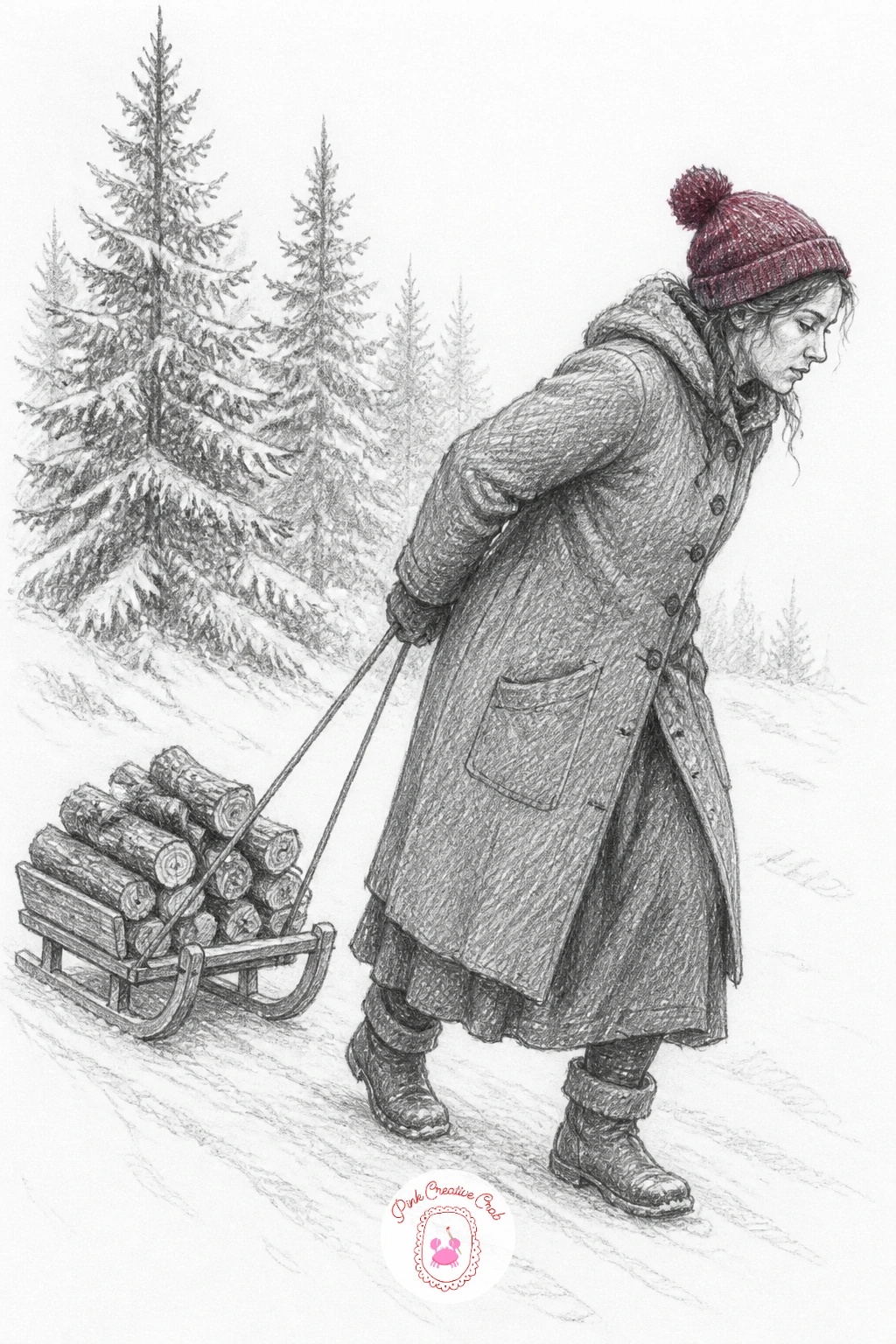 Woman Pulling A Sled Of Firewood — A figure pulling a sled gives this trail scene its action, so work out the lean first: her body angles forward against the