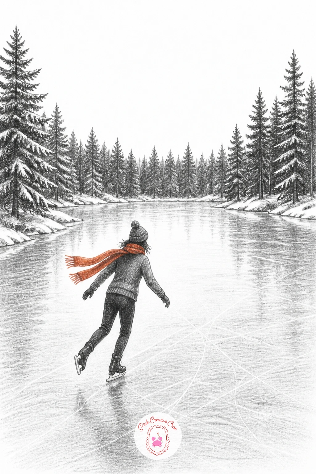 Frozen Pond With A Single Skater — A frozen pond scene turns on getting the ice surface believable, so lay the pond in first as a wide flattened oval, lighter