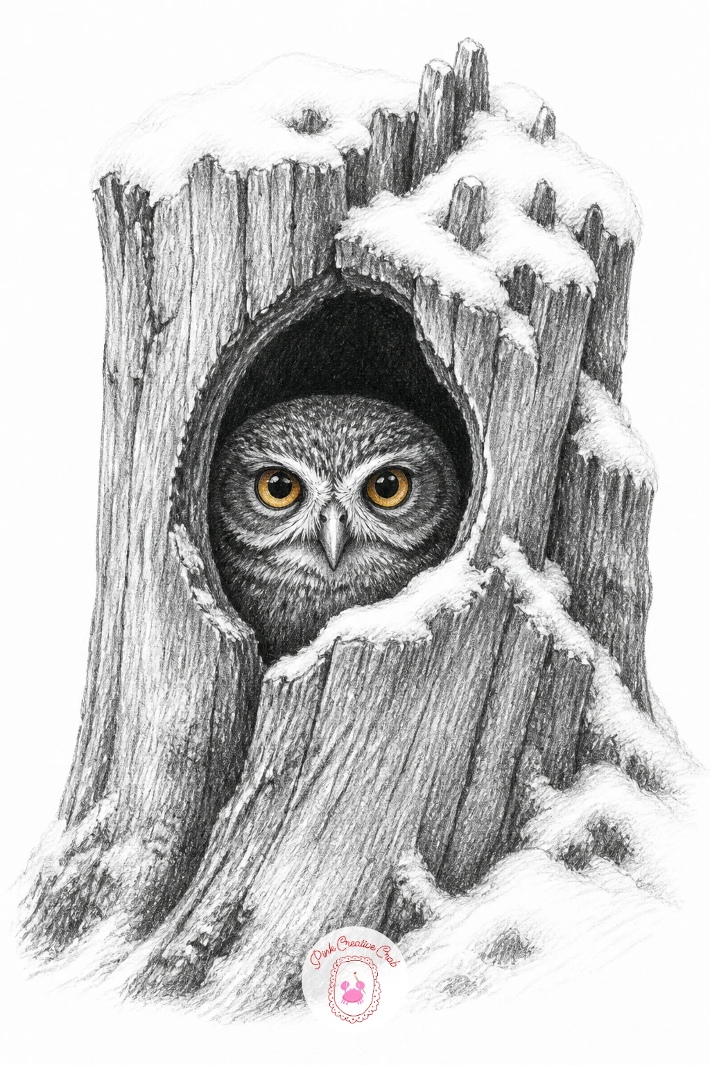 Owl Peeking From A Hollow Stump — A hollow stump with an owl peeking out rewards patience with the stump's texture more than the owl's detail, so draw the