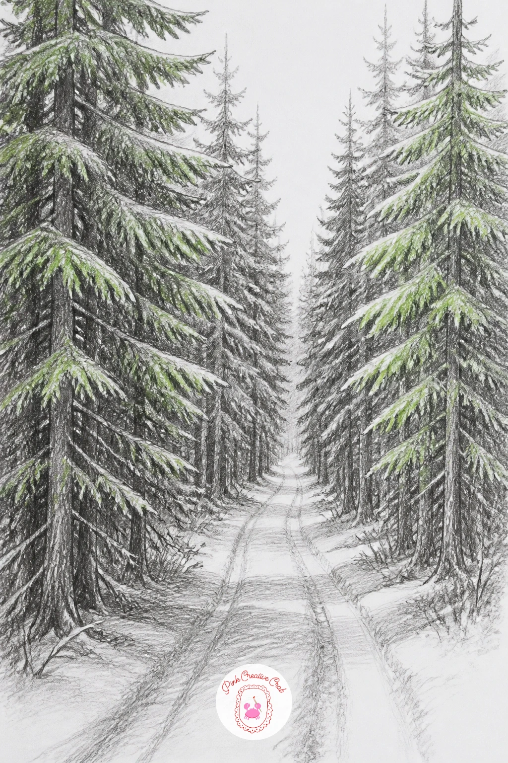 Narrow Forest Road Into The Firs — A narrow road disappearing into fir trees is a classic one-point perspective exercise, so rule a faint vanishing point