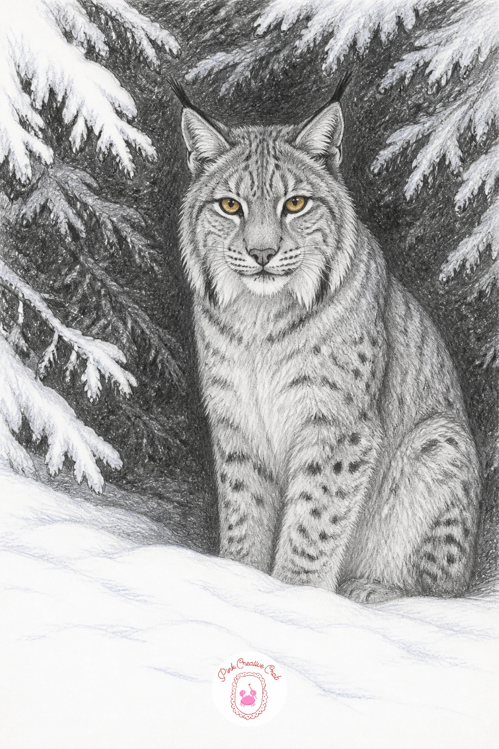 Lynx In Pine Shadow — A lynx sitting in the shadow of snowy pines is a good subject for practicing an animal's silhouette against a dark backdrop, so block the