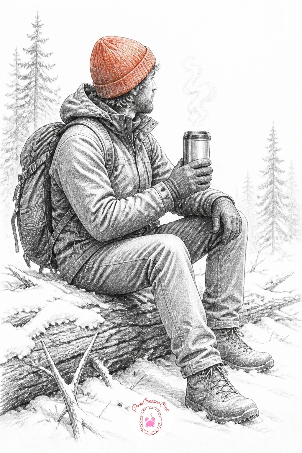 Hiker Resting With A Thermos — A hiker resting on a log keeps the pose doing most of the storytelling, so sketch the seated figure first: knees bent, shoulders