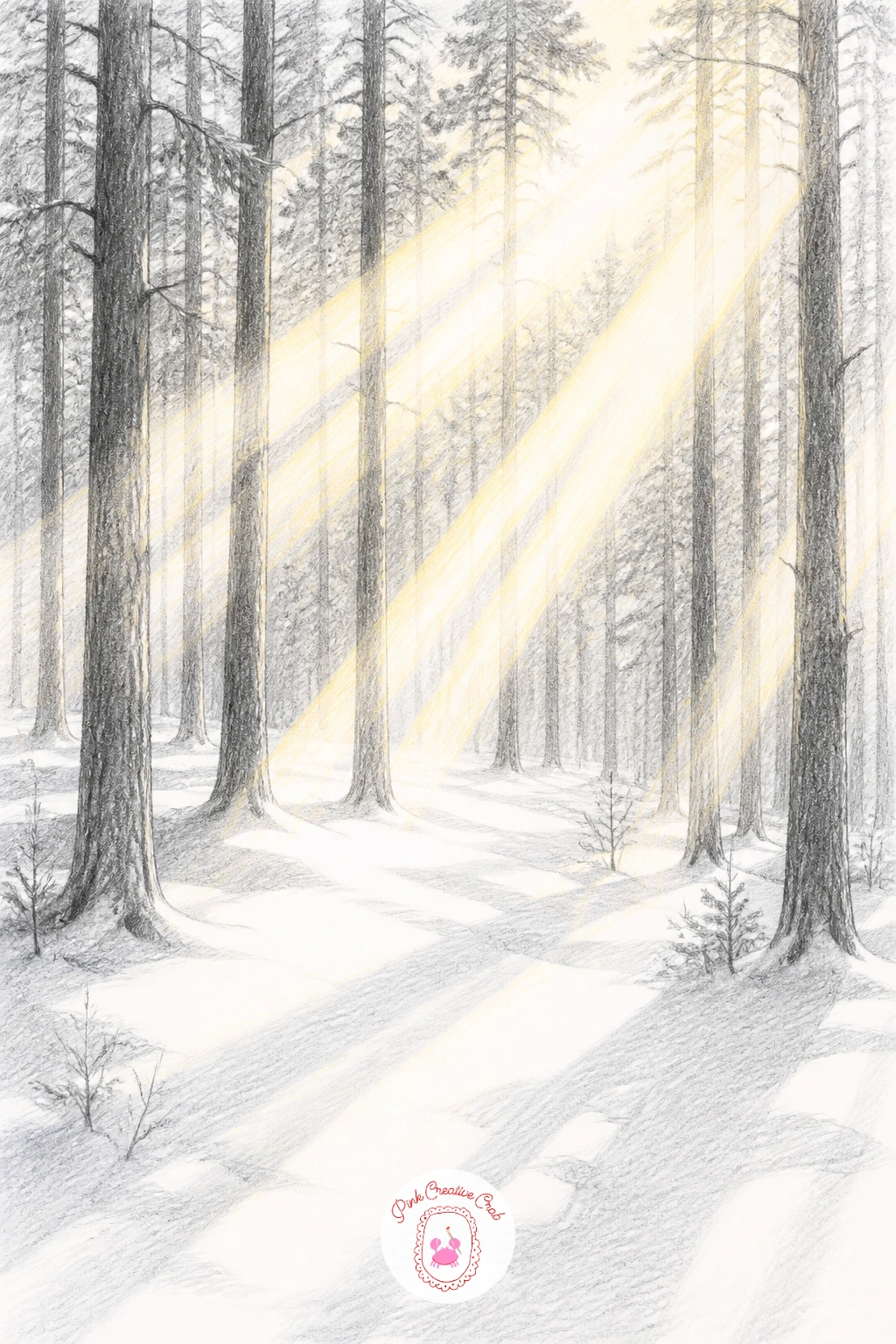 Sunrays Through Pines Onto Snow — Sunrays slanting through pines are drawn mostly by what you leave out, so plan the light source first, high and to one side