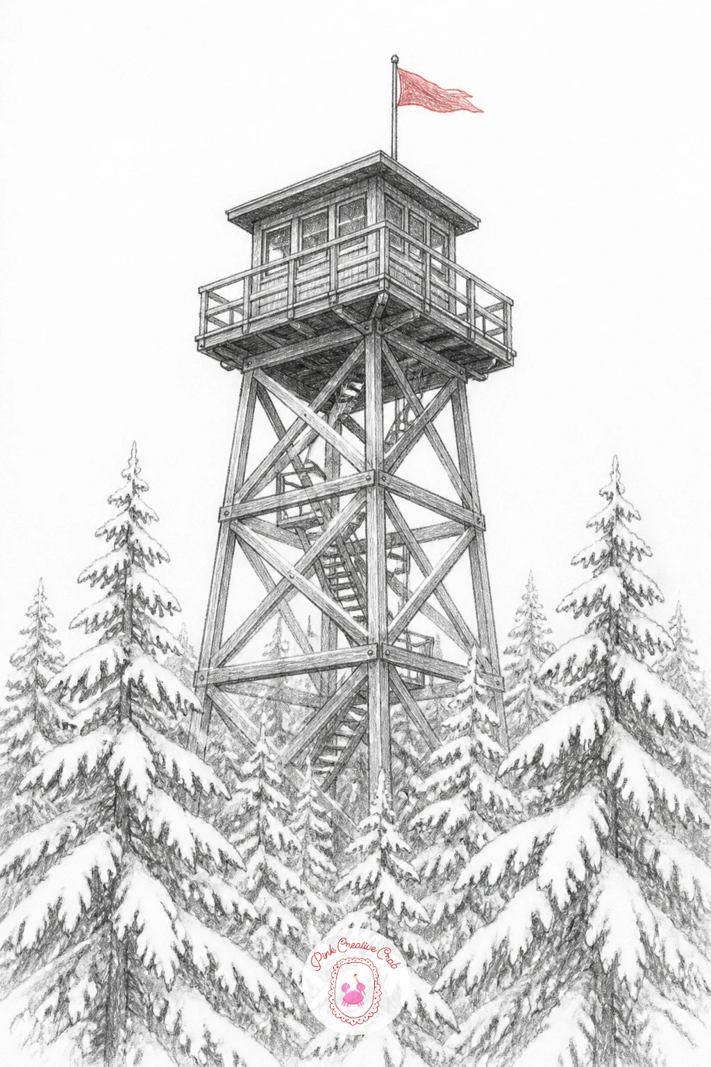 Lookout Tower Above The Treetops — A lookout tower rising above the pines needs its structure planned before any snow or trees go in, so draw the tower's main