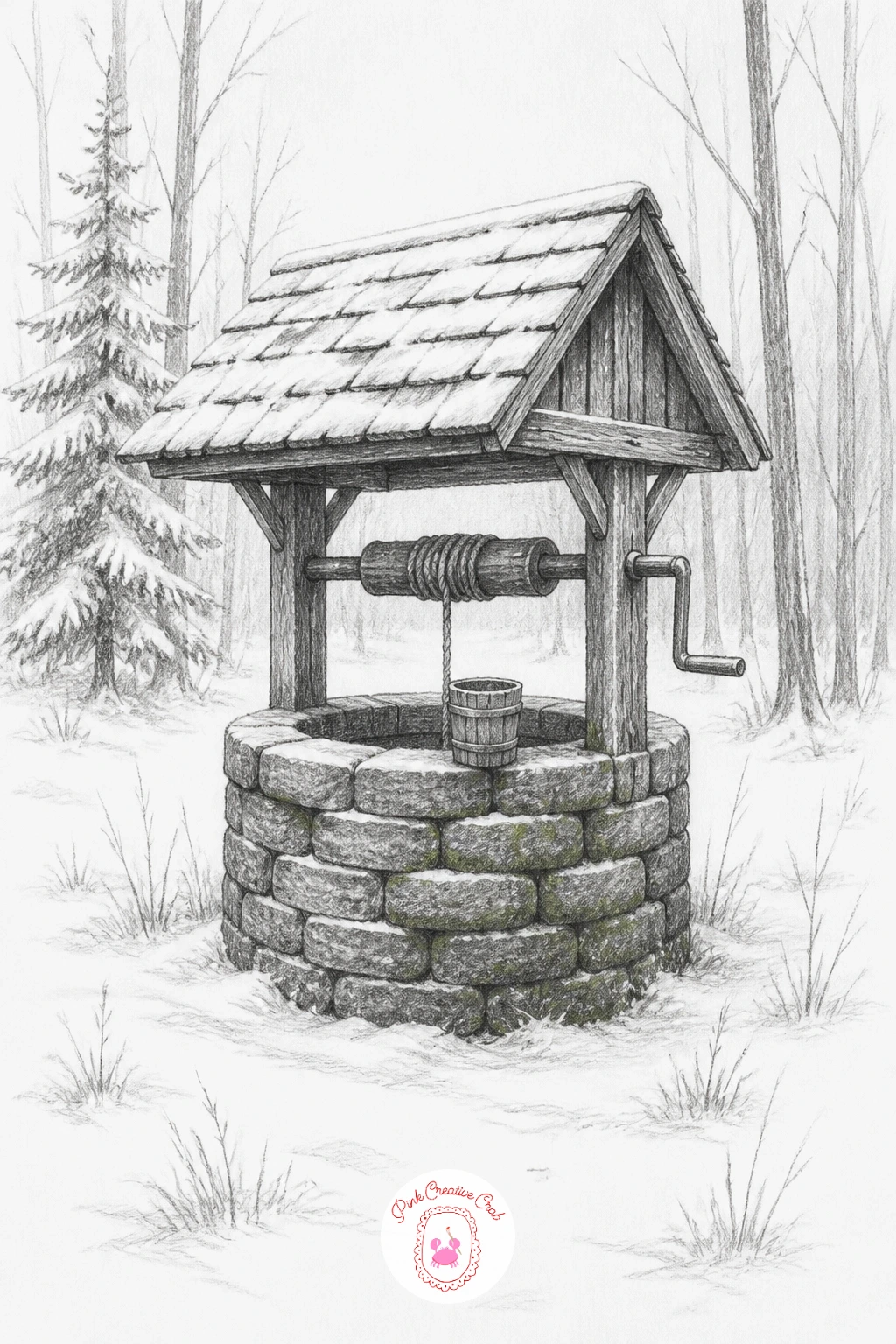 Old Stone Well In A Snowy Clearing — An old stone well gives you a compact, rewarding subject with a clear structure: a round stacked stone base, two uprights
