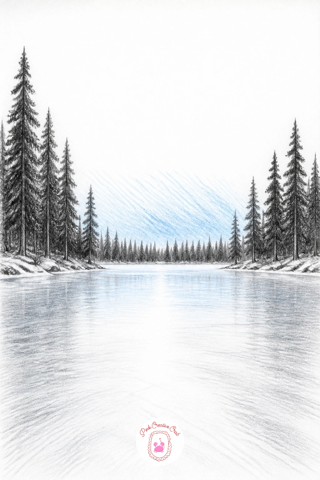 Frozen Lake Ringed By Dark Pines — A frozen lake ringed by pines works best as a wide, calm composition, so divide the page roughly into thirds: dark pine tree