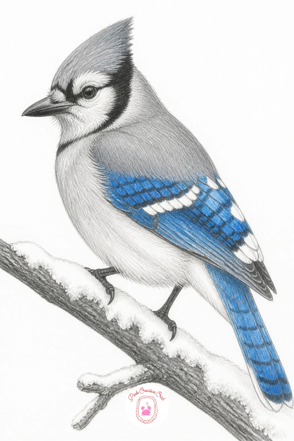 Jay With A Blue Wing Flash On A Branch — A jay on a snowy branch is a good small subject to practice one strong color accent against mostly gray graphite.