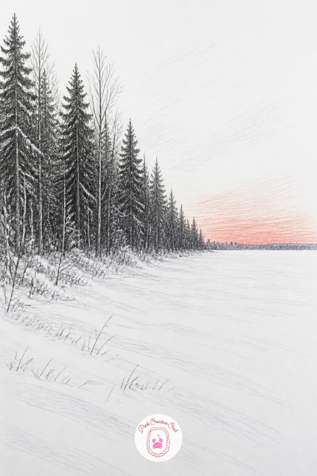 Forest Edge At Dawn Facing Open Snow — A forest edge at dawn flips the usual forest composition, since the trees sit along one side of the page while the rest