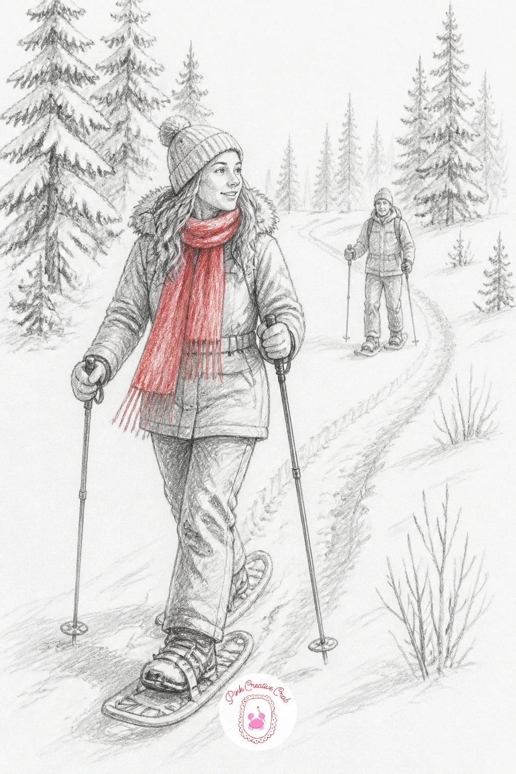 Couple On Snowshoes Following A Trail — A couple on snowshoes needs the two figures staggered rather than side by side, so place one slightly ahead and