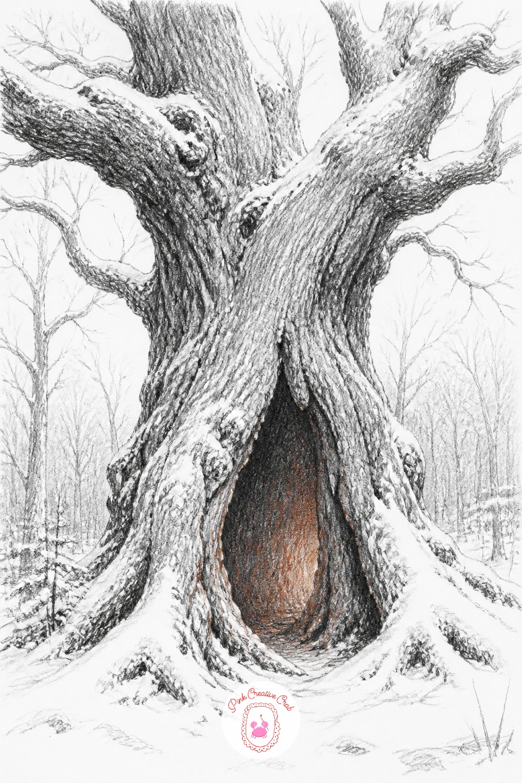 Ancient Oak With A Hollow Base — An ancient oak needs its trunk drawn thick and gnarled from the very first lines, wider at the base than most trees on this