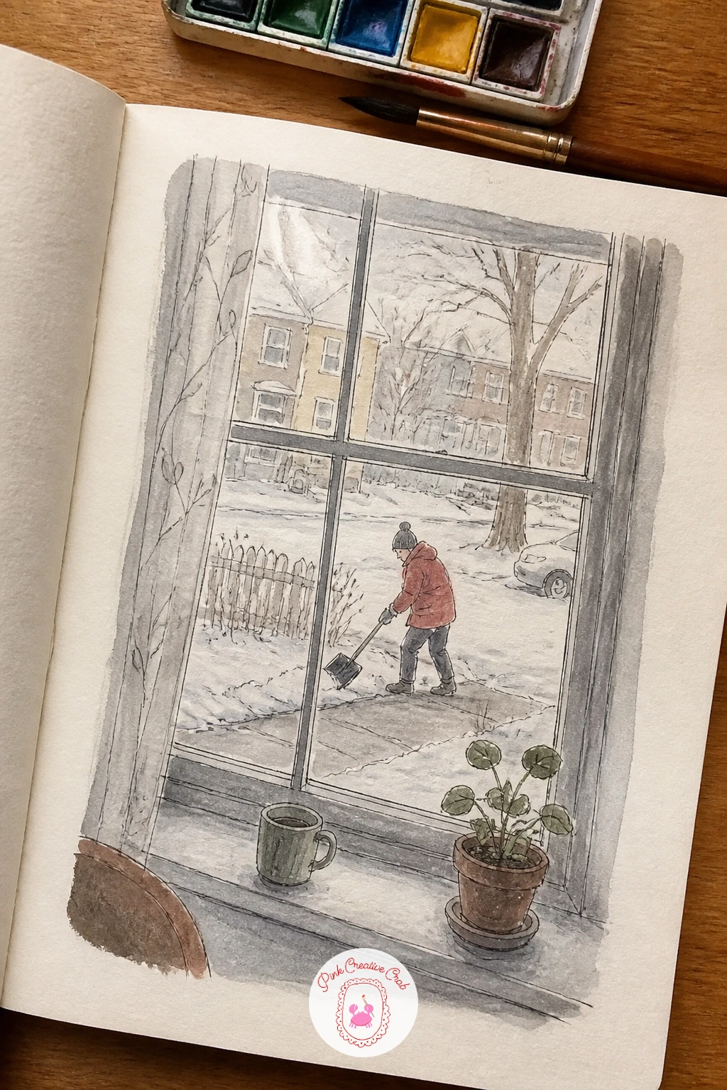 Neighbor Shoveling the Sidewalk — Start at the window frame itself, since it gives the whole page its shape before you draw anything outside it. Art sketchbook