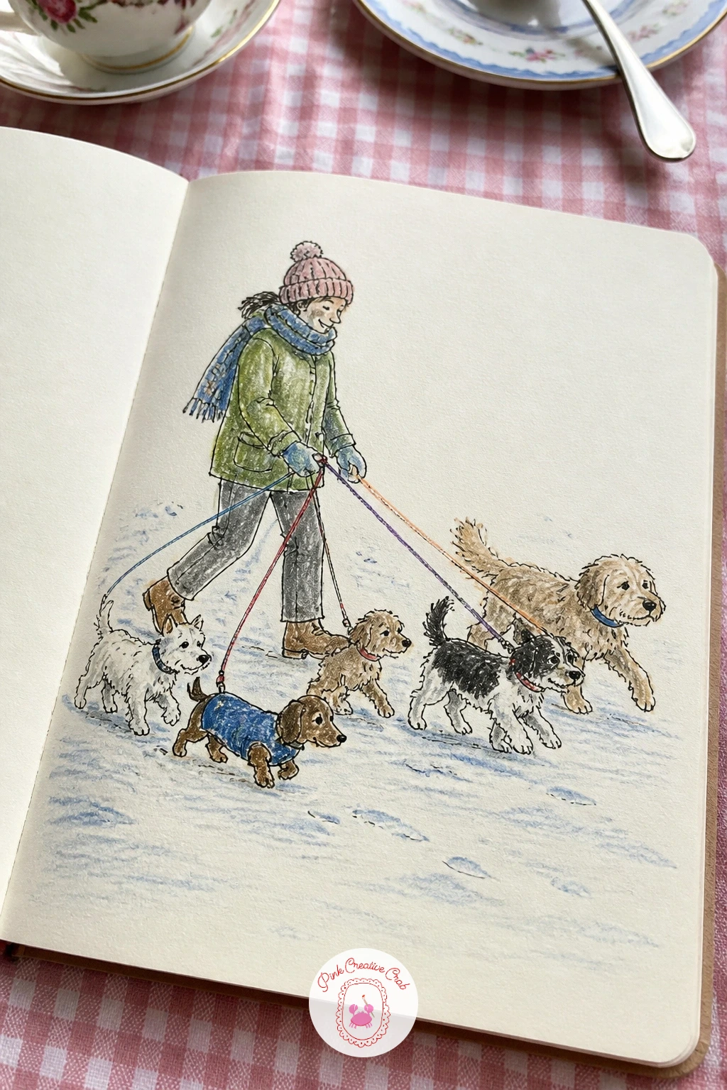 Dog Walker With Five Dogs — Five dogs sounds like a lot, but the trick is proportion: draw the walker first, full height, then use the walker's leg length as