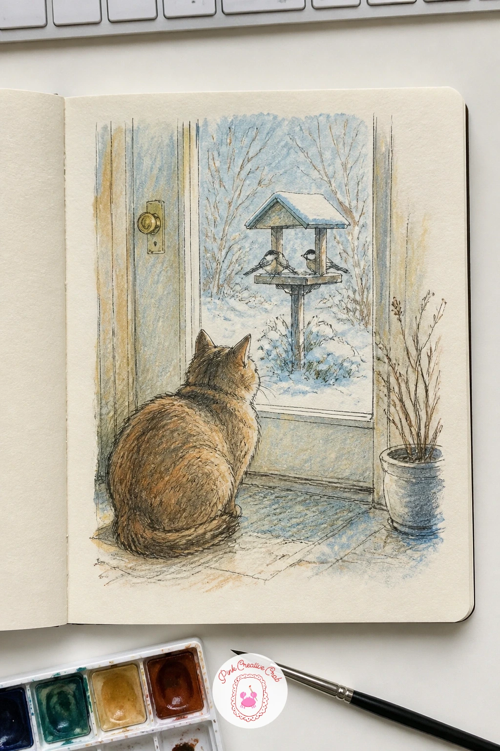 Cat Watching Birds at the Feeder — Draw the cat first, since everything else in this scene is built around its posture. Art sketchbook drawing