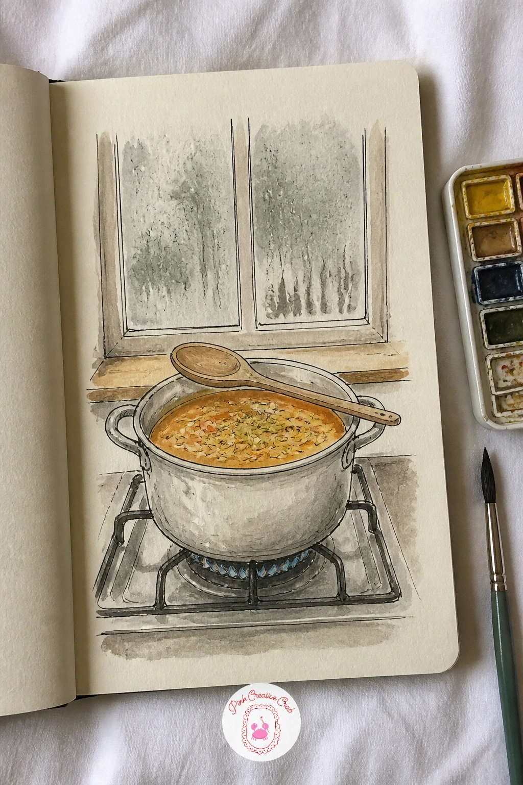 Pot of Soup and the Steamy Window — Center the pot on the stove and build the steamy window behind it as one soft shape rather than individual droplets, a