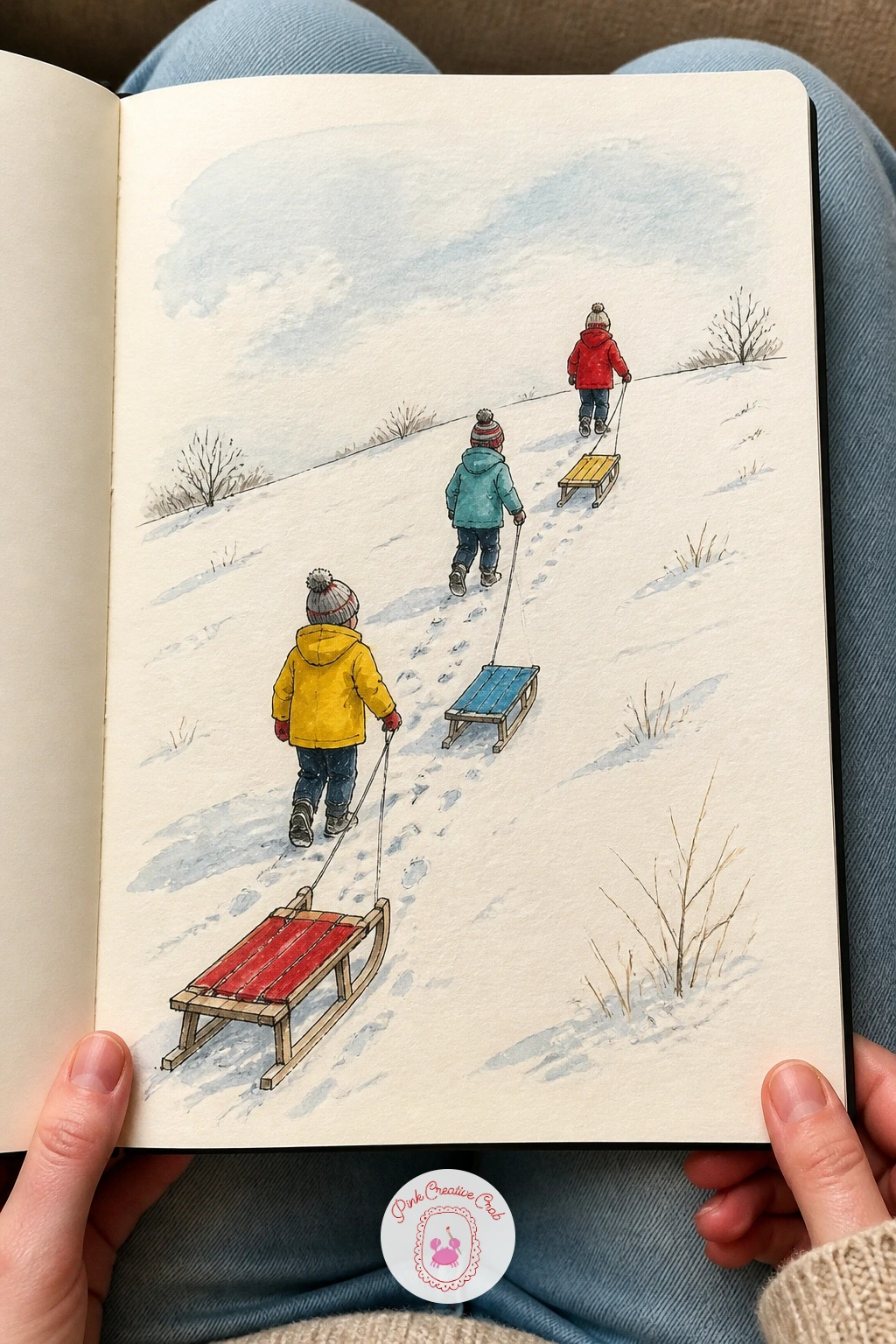 Kids Pulling Sleds Up the Hill — Place the hill as one long diagonal line across the page before any figures go in, since that single line decides how steep