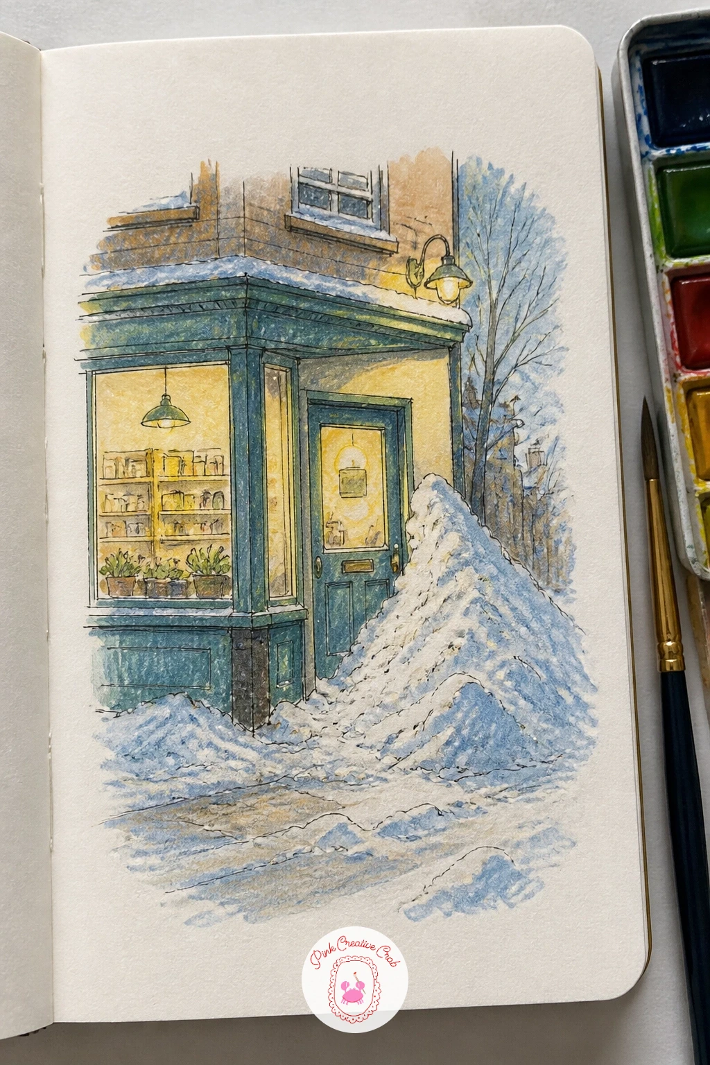Corner Shop With Snow Against the Door — Sketch the shopfront as a simple grid first, one wide window, one door, a sign above, since corner shops are mostly