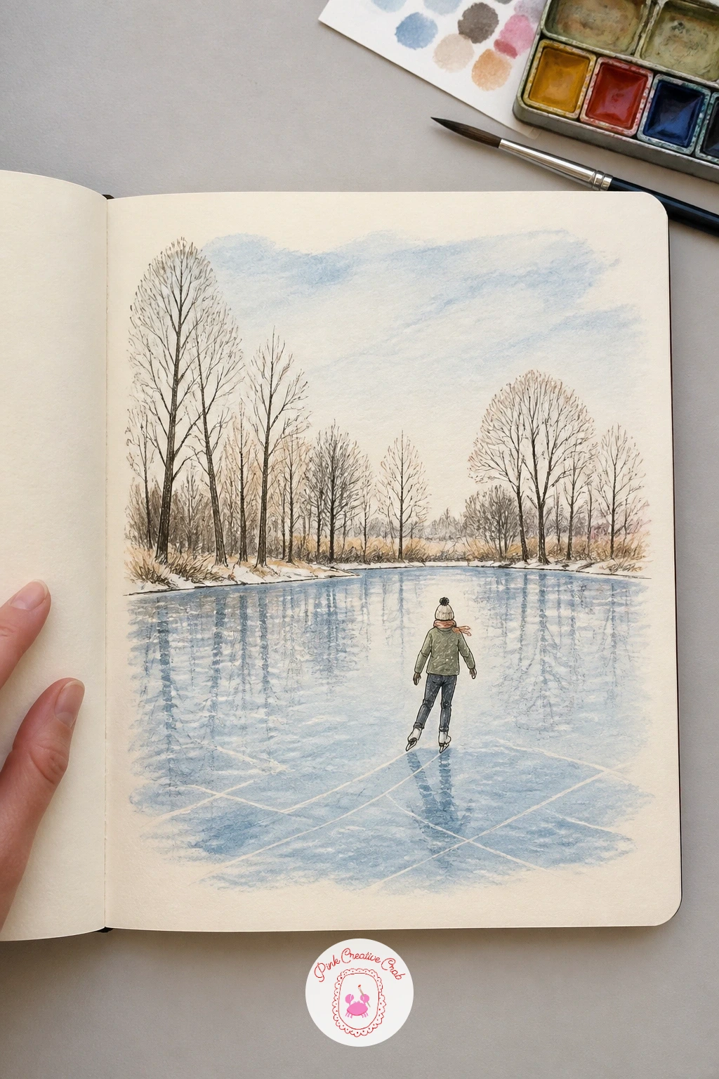 Person Ice Skating Alone on a Pond — Place the skater off-center on the page, since a solitary figure needs open space around them to read as alone rather than
