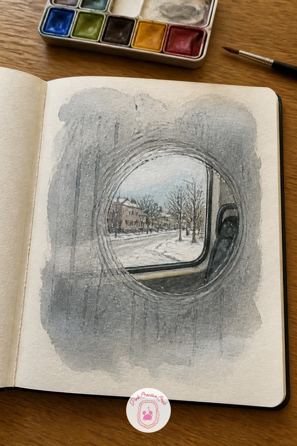 Fogged Bus Window With a Wiped Circle — Draw the circle first and keep it slightly uneven, a perfectly round shape looks like a sticker rather than a