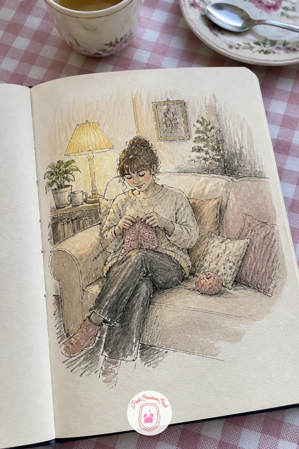 Friend Knitting on the Sofa — Sit your friend into the sofa cushions first, a rounded seated shape with knees drawn up, since the sofa's soft curves should