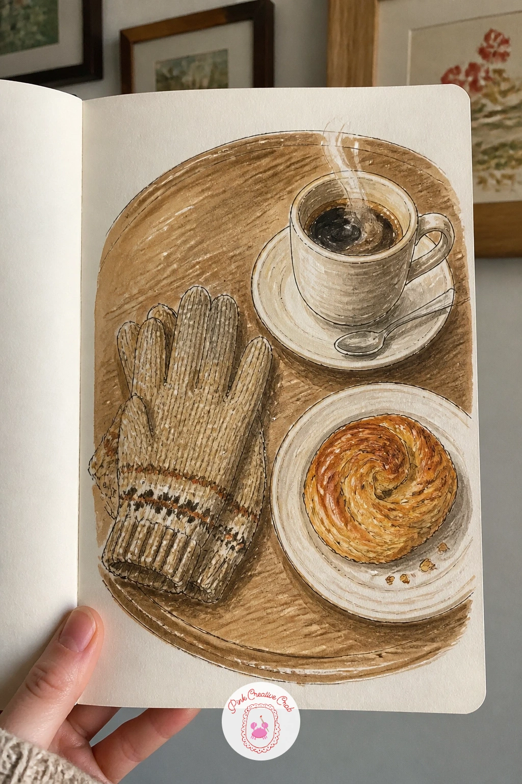 Gloves, Coffee and Pastry on a Cafe Table — Draw the table surface as a simple ellipse viewed from slightly above, since a flat overhead view of these small