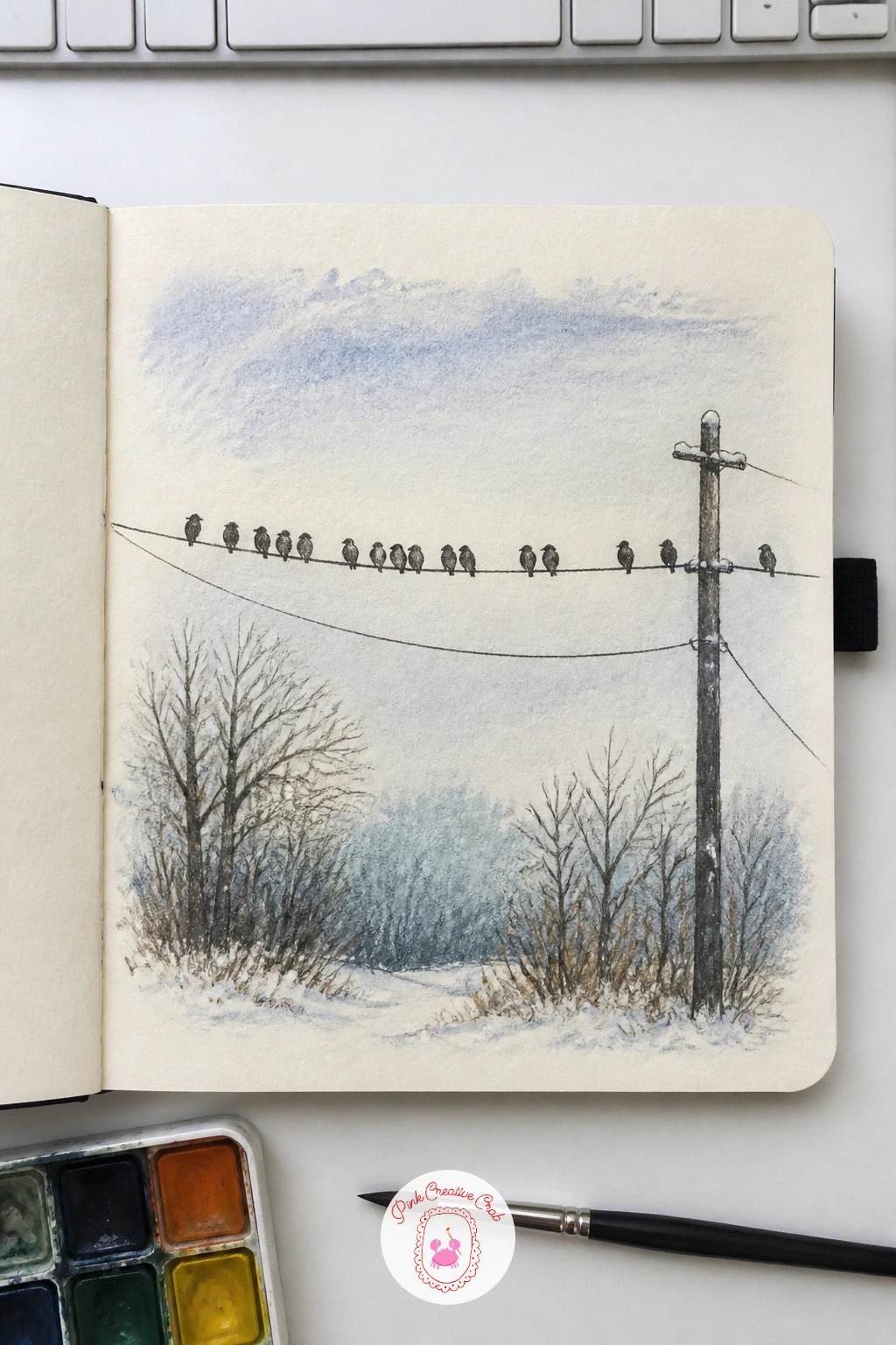 Birds Lined Up on a Snowy Power Line — Draw the power line first as one long gently sagging curve across the top third of the page, and use it as your
