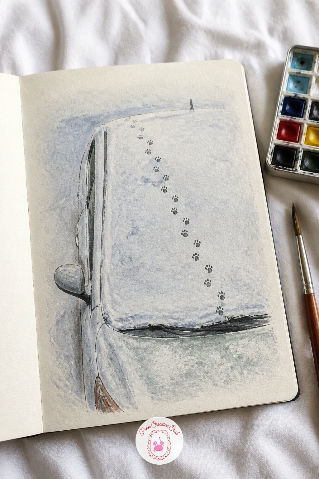 Snowy Car Roof With Cat Paw Prints — Draw the car roof first as a simple curved rectangle viewed from slightly above, filled almost entirely with untouched