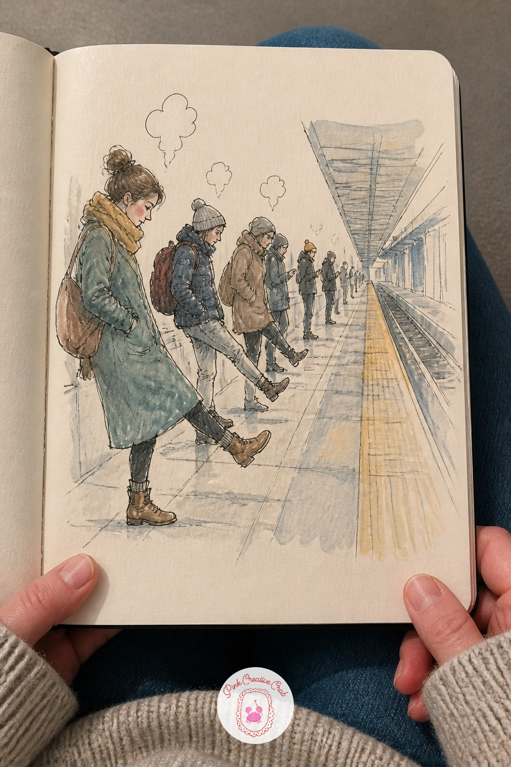 Commuters Stamping Feet on a Platform — Line up three or four figures along the platform edge first as simple standing shapes of varying height and width