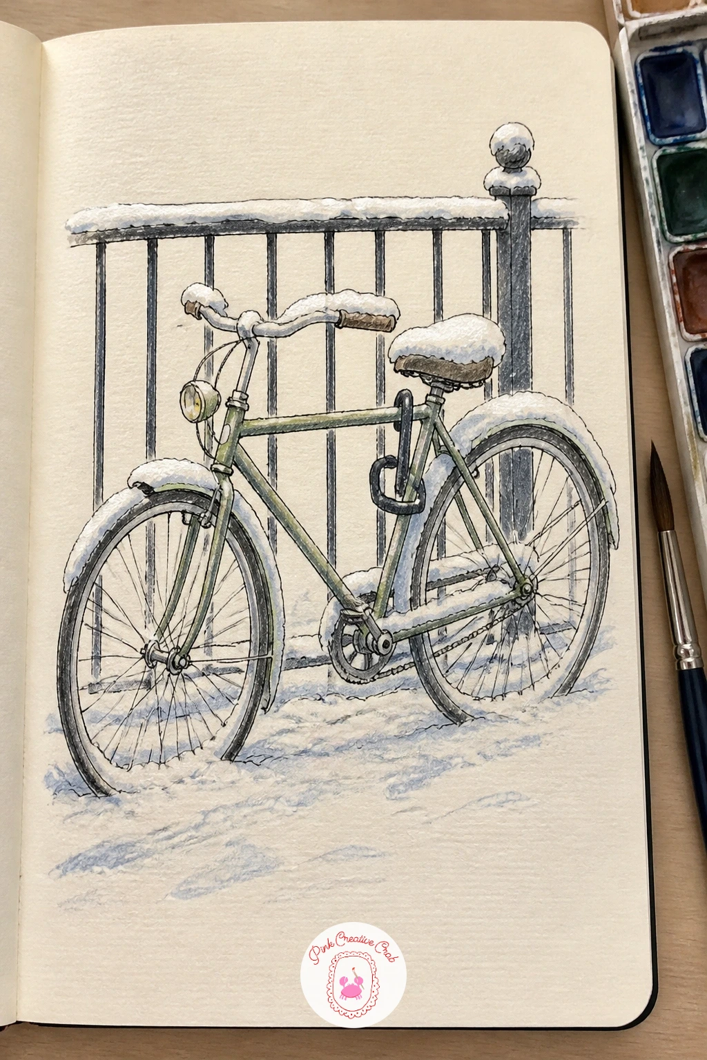 Snow-Covered Bike Locked to a Railing — Draw the bike frame first using its own geometry as a measuring guide, the two wheels are roughly the same size and the