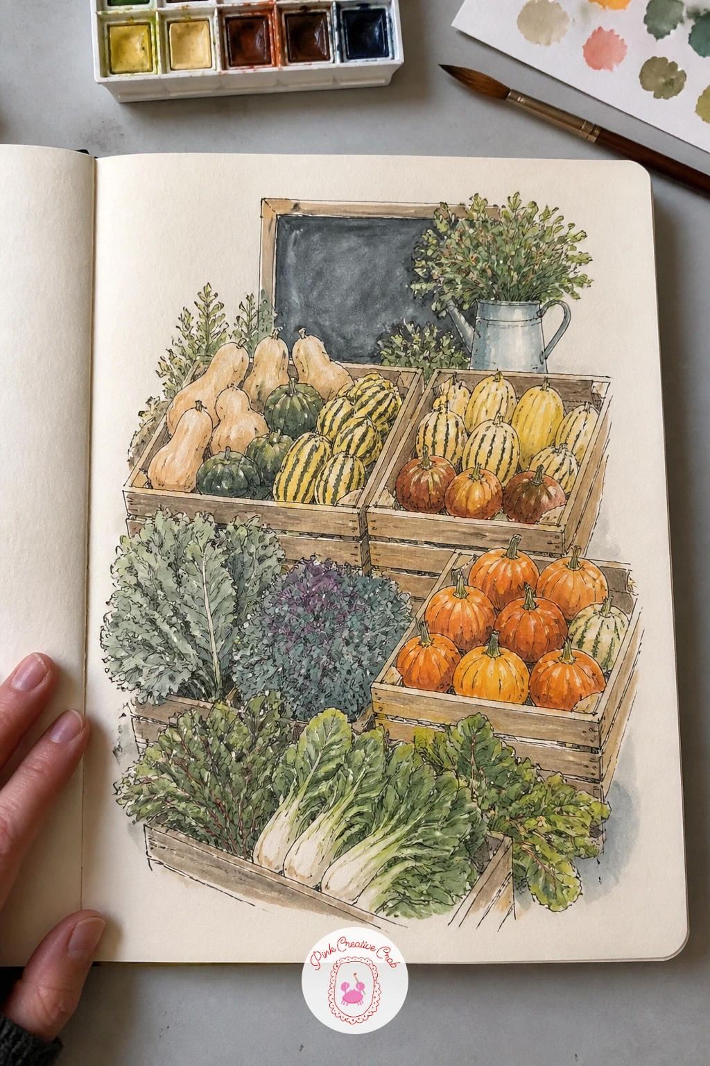 Market Stall With Winter Greens and Squash — Build this one from the ground up: draw the stall's wooden crates and table edge first as simple rectangles, then