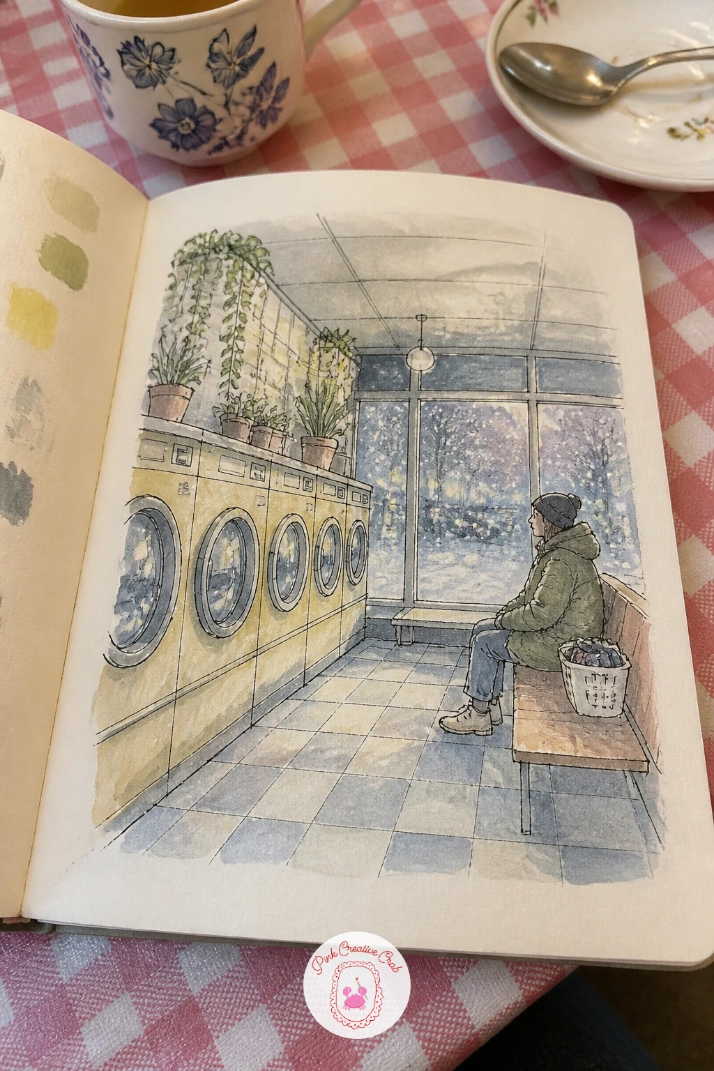 Laundromat on a Snowy Evening — Set the row of washing machines along the back wall first as a simple repeating grid of circles within squares, since getting