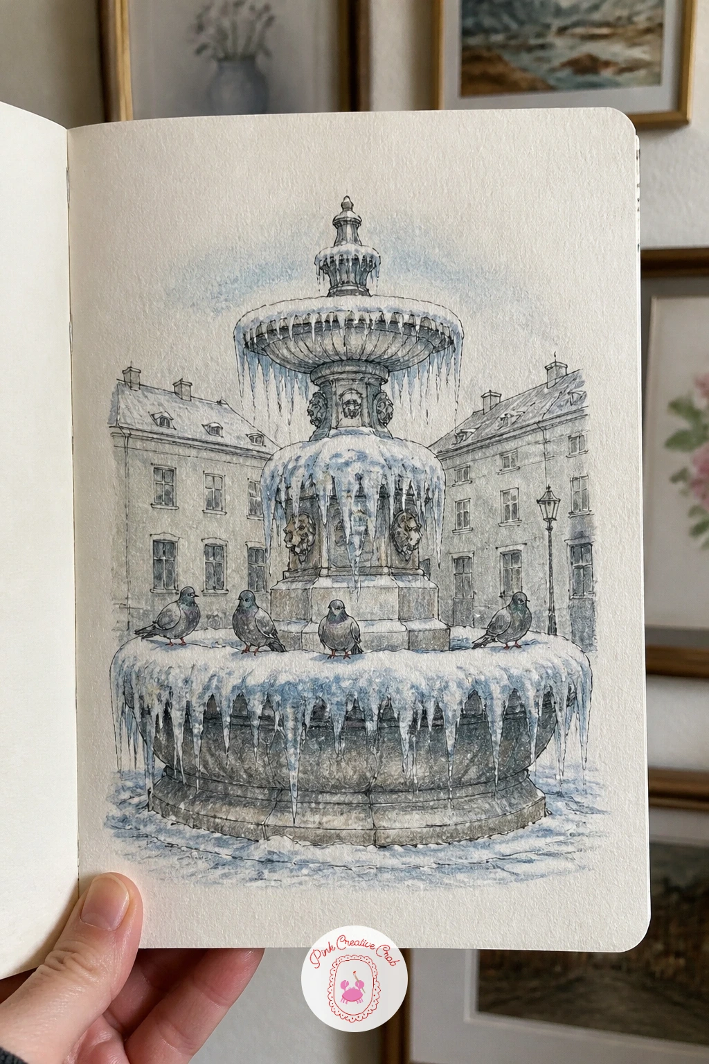 Frozen Fountain With Pigeons — Draw the fountain's basin shape first, a wide shallow bowl, and let the ice inside it stay almost entirely untouched white paper