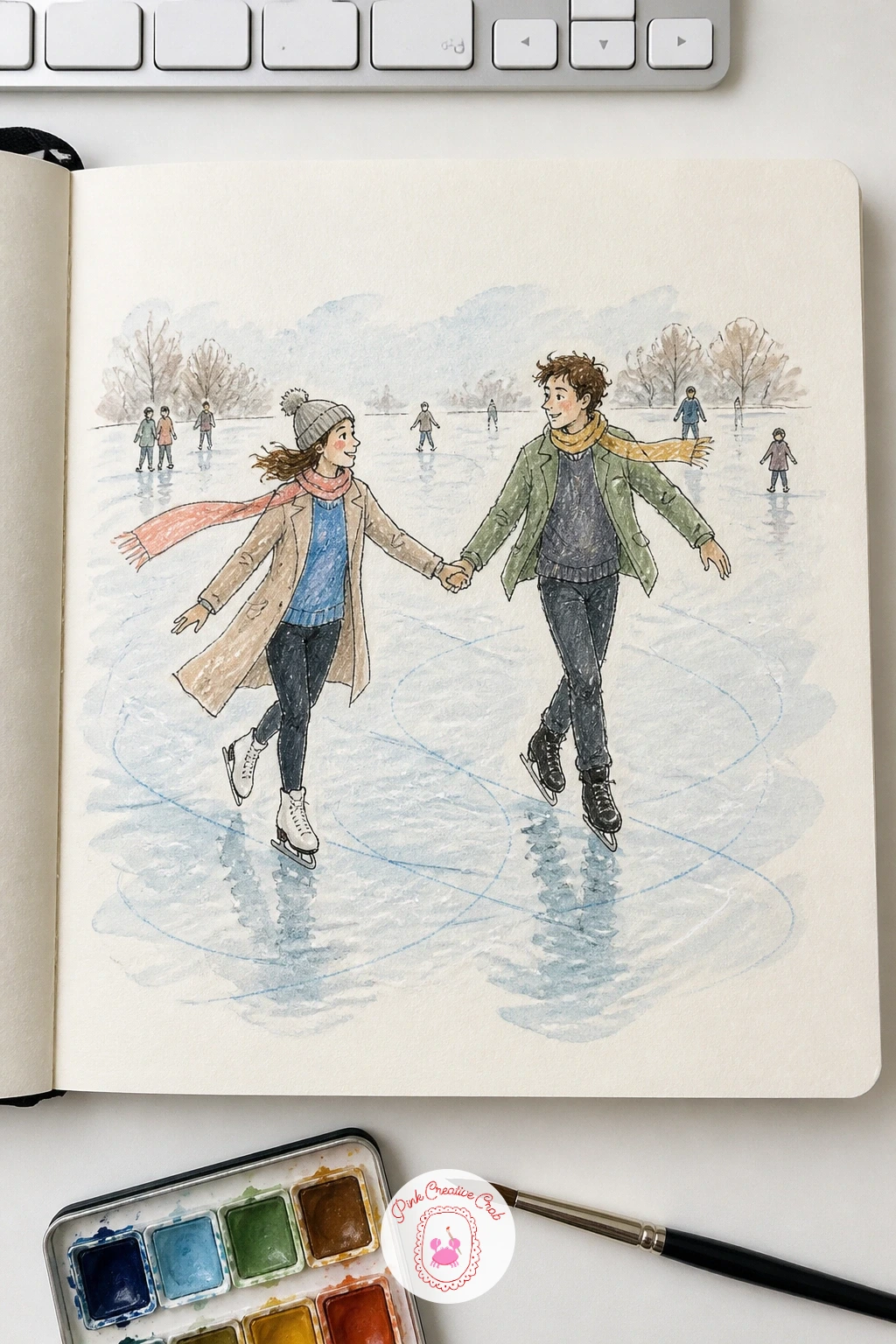 Skaters Holding Hands at the Rink — Draw the two figures as one connected unit rather than two separate drawings, since their joined hands should be sketched