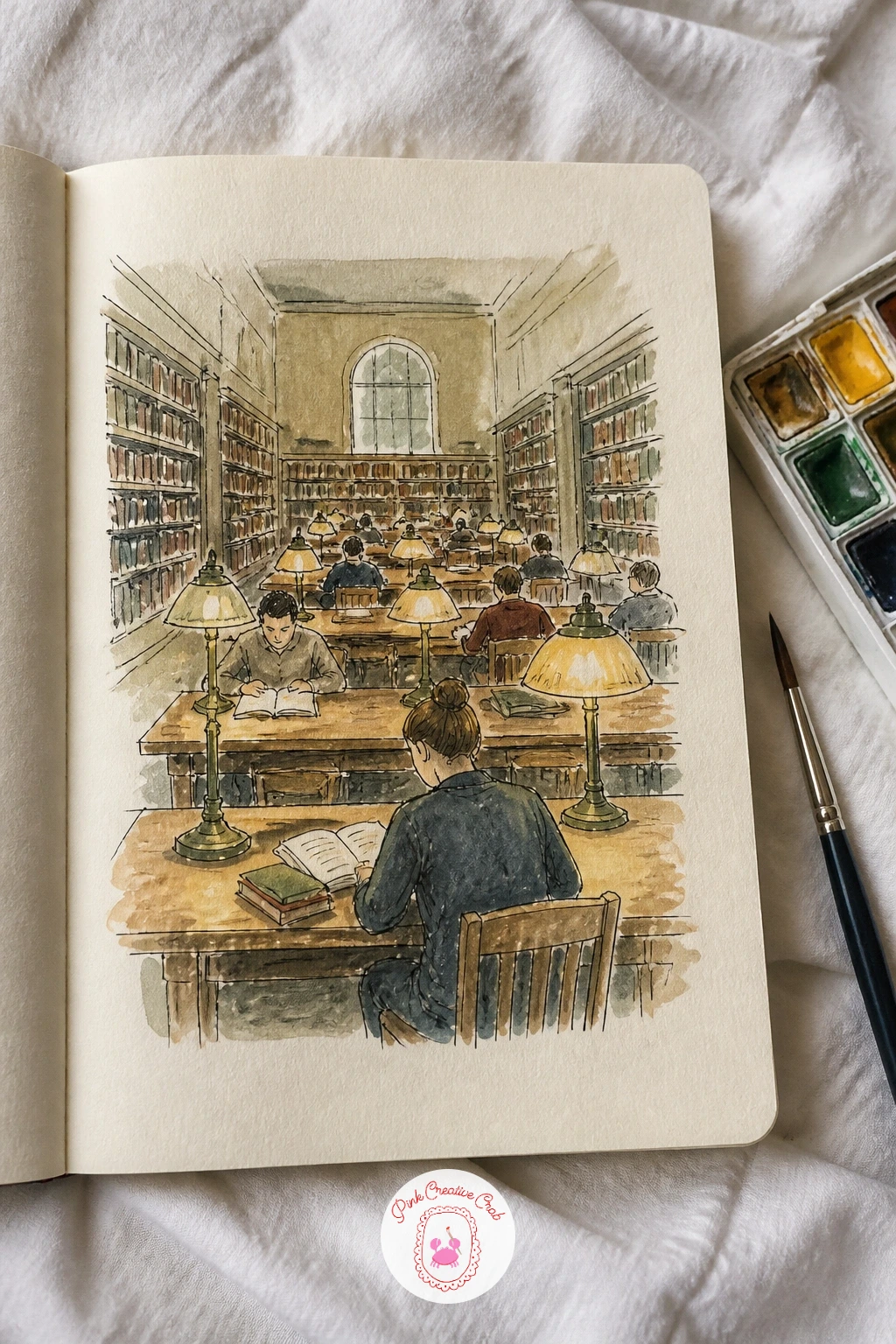 Library Reading Room With People at Books — Set up the room with a simple one-point perspective, a few long tables receding toward the back wall, since that