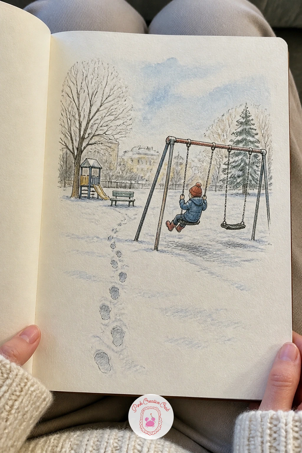 Snowy Playground With One Child on Swings — Draw the swing set frame first, a simple rectangle on two angled legs, and use its crossbar as a measuring line for