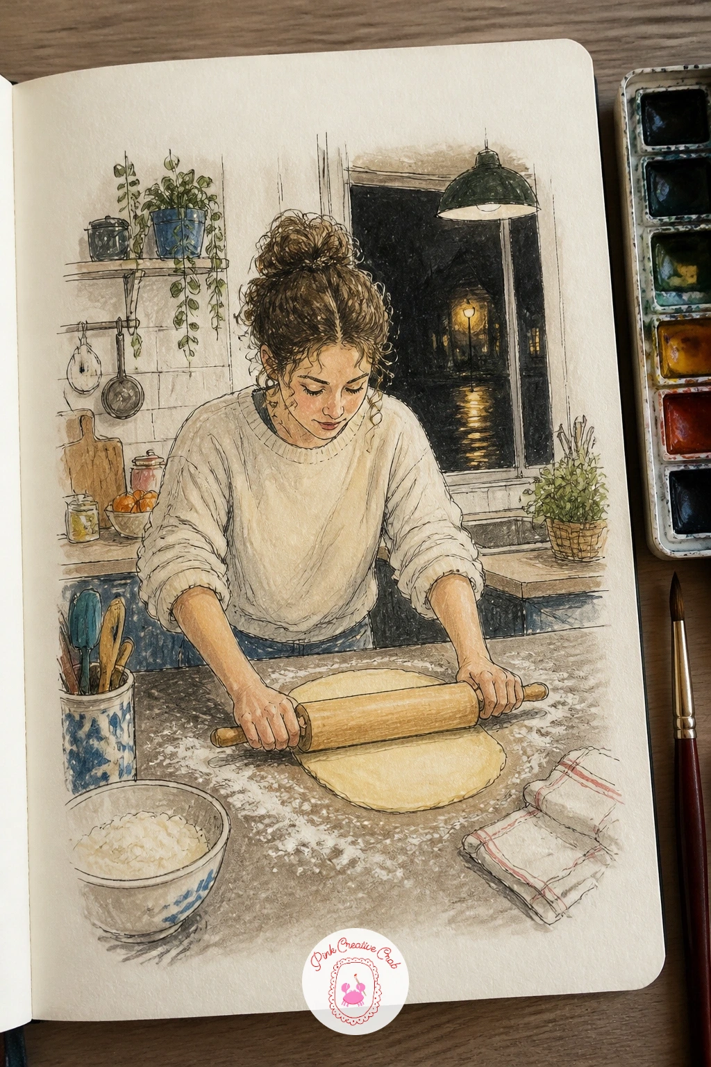 Friend Rolling Pastry in Your Kitchen — Center the rolling pin and dough first, since that is the clear action of the scene, drawn as a simple cylinder