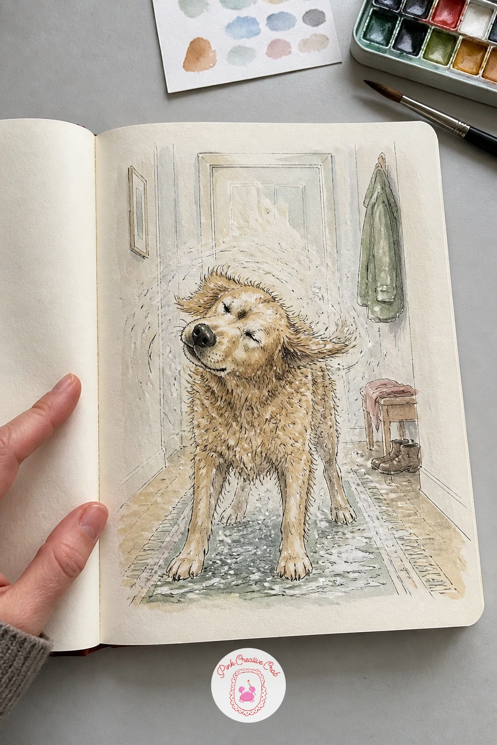 Dog Shaking Snow Off in the Hallway — This pose depends on getting the motion blur right, so sketch the dog's body first in a simple mid-shake curve, torso