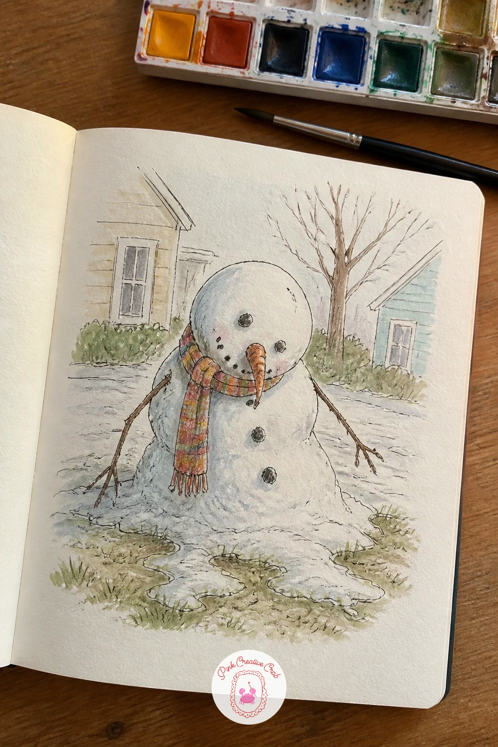 Half-Melted Snowman in a Front Yard — Build the three snowman balls first, but draw them slightly lopsided and uneven in size rather than perfectly round