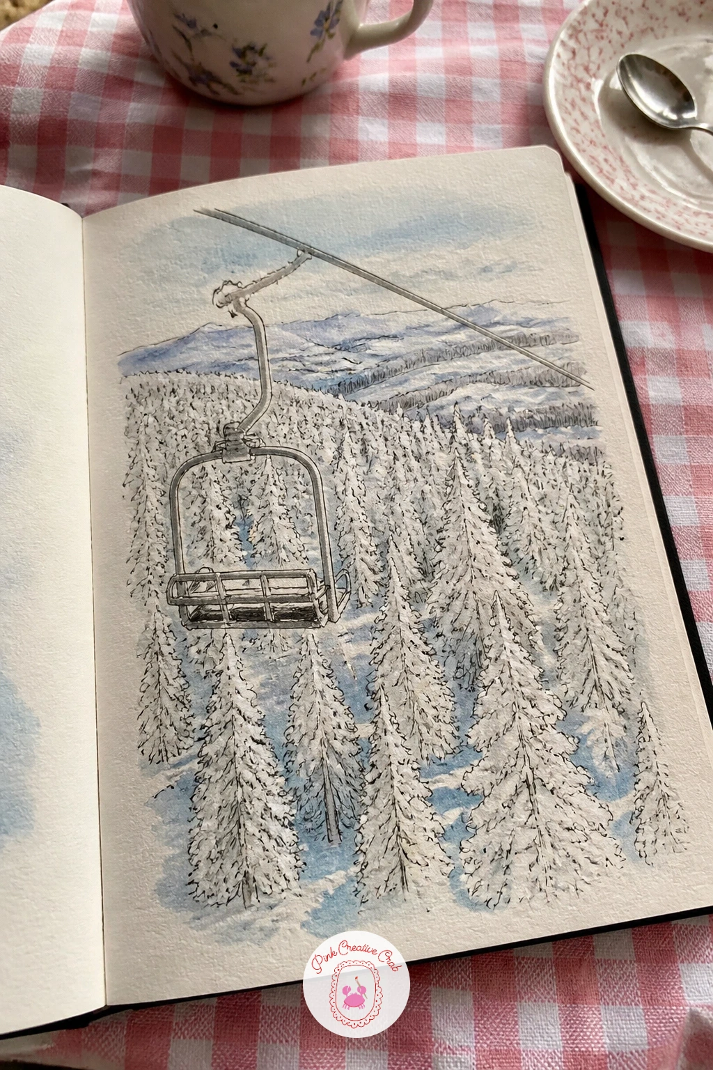 View From a Ski Lift Over White Treetops — Work from a high eye level for this one, looking down and slightly ahead, which means the treetops should shrink