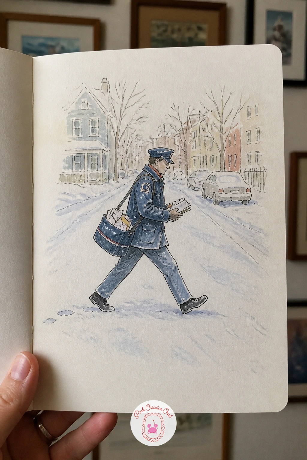 Mail Carrier Crossing a Snowy Street — Draw the satchel first, slung diagonally across the body, since its strap line sets the angle for the whole figure's