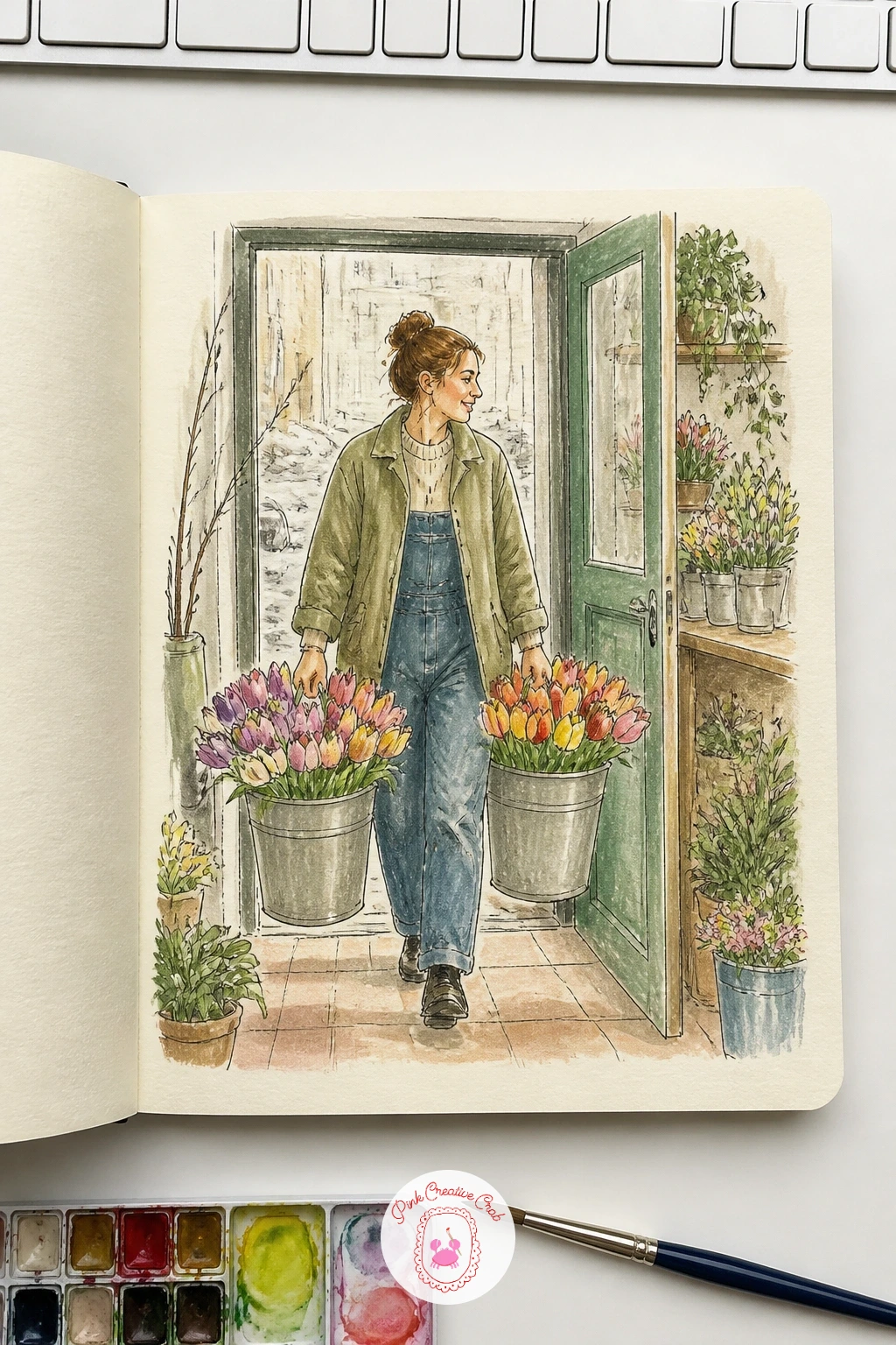 Florist Carrying Buckets of Tulips Inside — Draw the two buckets first, slightly different heights, held one in each hand or hung from a yoke across the