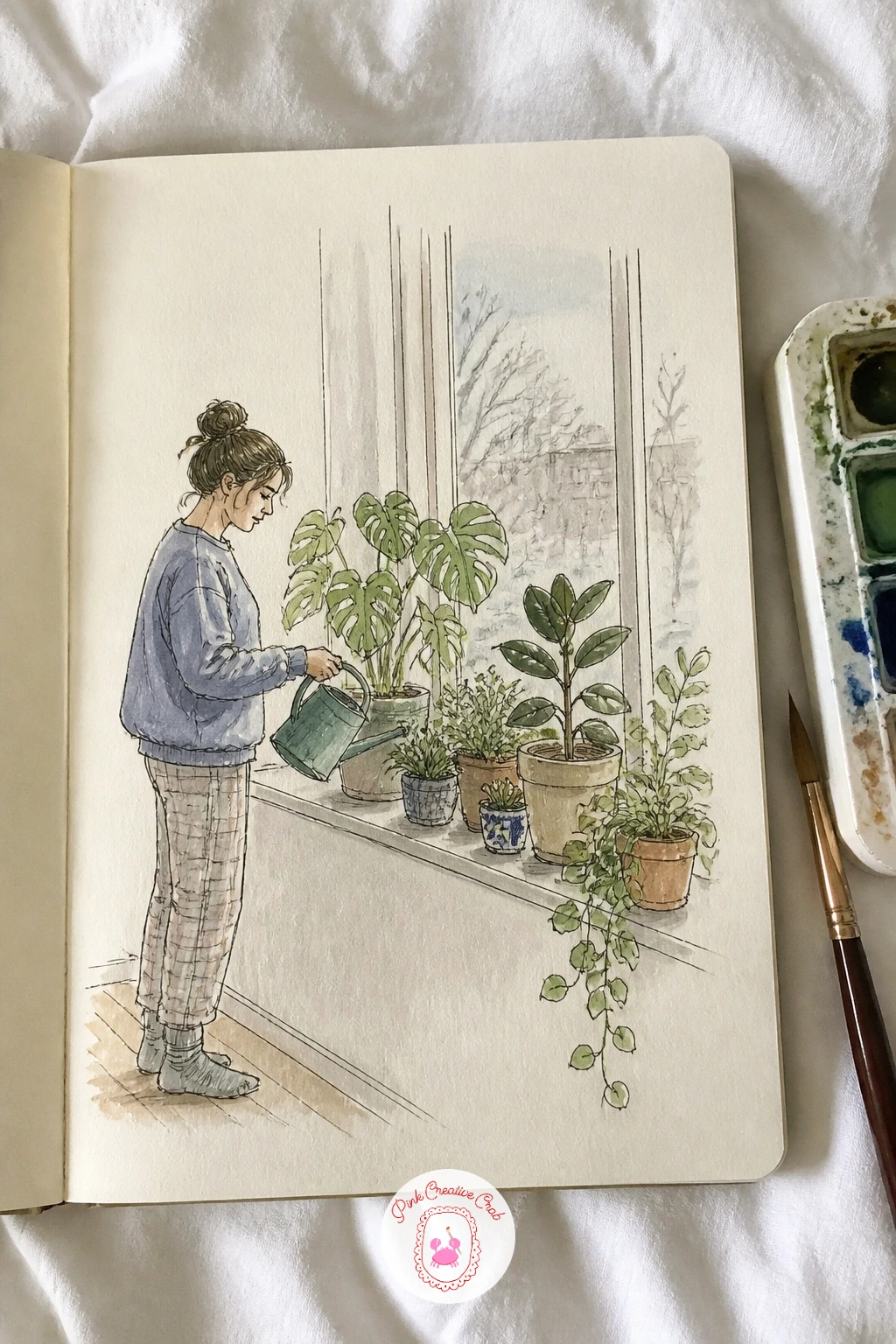 Roommate Watering Houseplants in January — Line up the plants on a windowsill first in a simple row of varied pot shapes and leaf forms, since contrast between