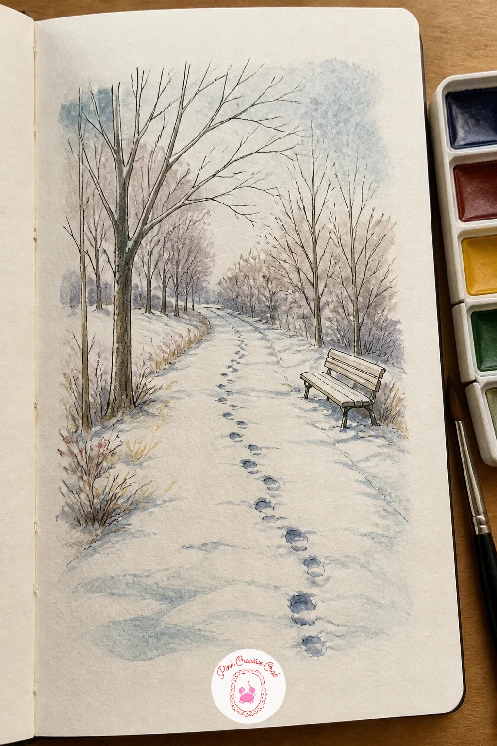 Winter Walk Path With Footprints and a Bench — Draw the path receding into the distance first using a simple one-point perspective, two converging lines