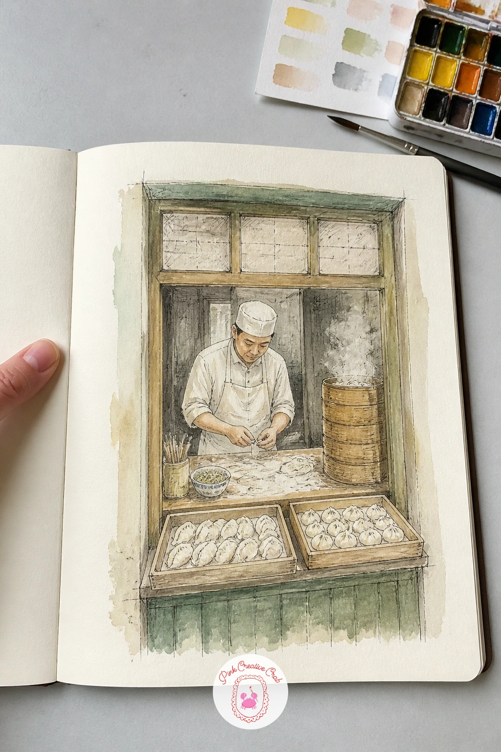 Dumpling Shop Window With Cook Folding — Frame the whole scene inside a shopfront window shape first, a wide rectangle, since the glass itself becomes the edge