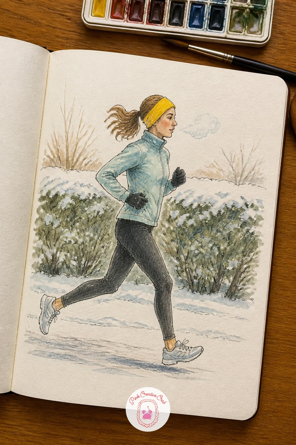Jogger in a Bright Headband Past Hedges — Draw the jogger's stride first, one leg bent and lifted, one extended back, since that scissor-step pose is what