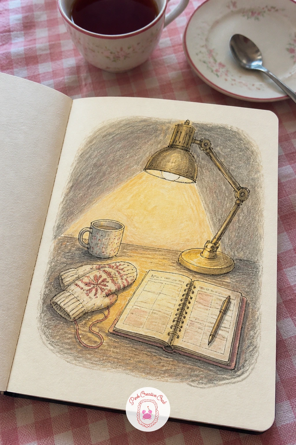 Desk Under a Lamp With Mittens and Planner — Anchor the whole page around the lamp's pool of light, since that glow should sit at the center and everything