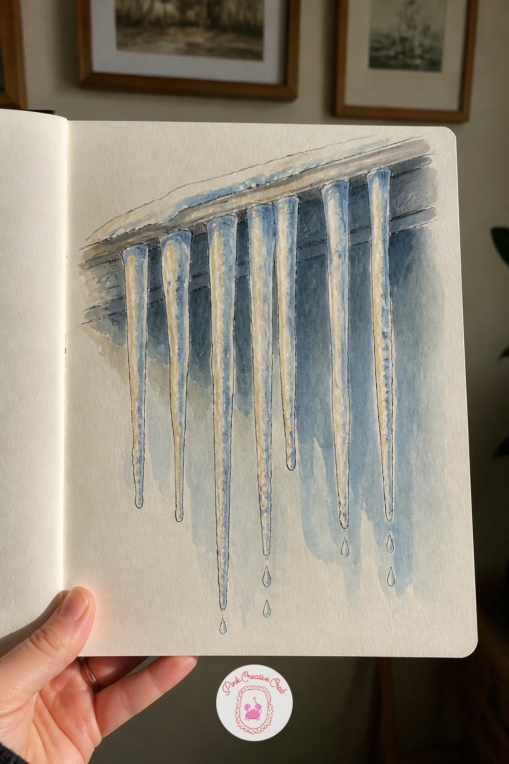 Icicles Dripping From the Porch Roof — Draw each icicle as a simple tapering line, wide at the roof and narrowing to a point, and vary the lengths across the